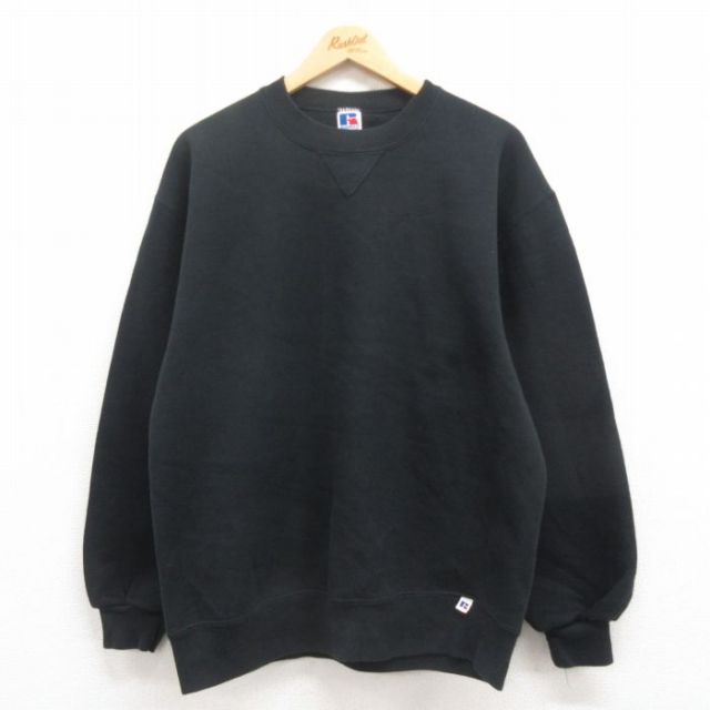L★古着 ラッセル 長袖 スウェット メンズ 90年代 90s 無地 クルーネック USA製 黒 ブラック 25jul30 中古 スエット トレーナー トップス