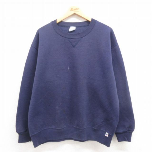 XL★古着 ラッセル 長袖 スウェット メンズ 90年代 90s 無地 クルーネック USA製 紺 ネイビー 25jul30 中古 スエット トレーナー トップス