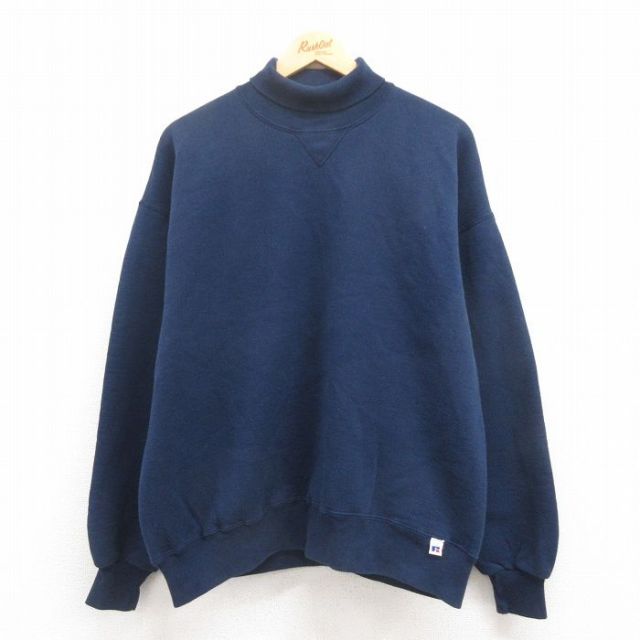 XL★古着 ラッセル 長袖 スウェット メンズ 90年代 90s 無地 タートルネック USA製 紺 ネイビー 25jul29 中古 スエット トレーナー トップス