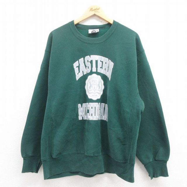 XL★古着 リー Lee 長袖 スウェット メンズ 90年代 90s ミシガン カレッジ 大きいサイズ クルーネック USA製 緑 グリーン 25jul31 中古 スエット トレーナー トップス