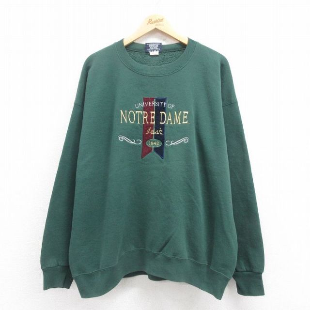 XL★古着 ジャンスポーツ 長袖 スウェット メンズ 90年代 90s ノートルダム 刺繍 大きいサイズ USA製 緑 グリーン 25aug01 中古 スエット トレーナー トップス