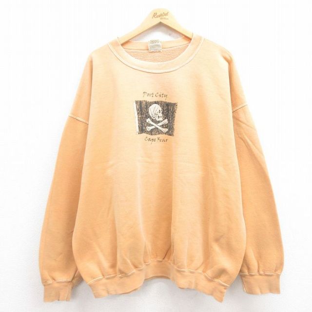 XL★古着 長袖 スウェット メンズ 90年代 90s スカル 大きいサイズ コットン クルーネック USA製 薄オレンジ 25aug01 中古 スエット トレーナー トップス