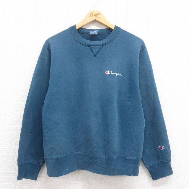 M★古着 チャンピオン Champion 長袖 スウェット メンズ 90年代 90s ワンポイントロゴ クルーネック USA製 濃青緑 25aug01 中古 スエット トレーナー トップス