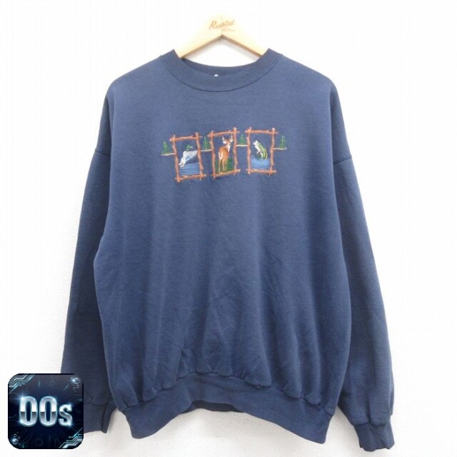 シカ刺繍スウェット ネイビー XL | 古着