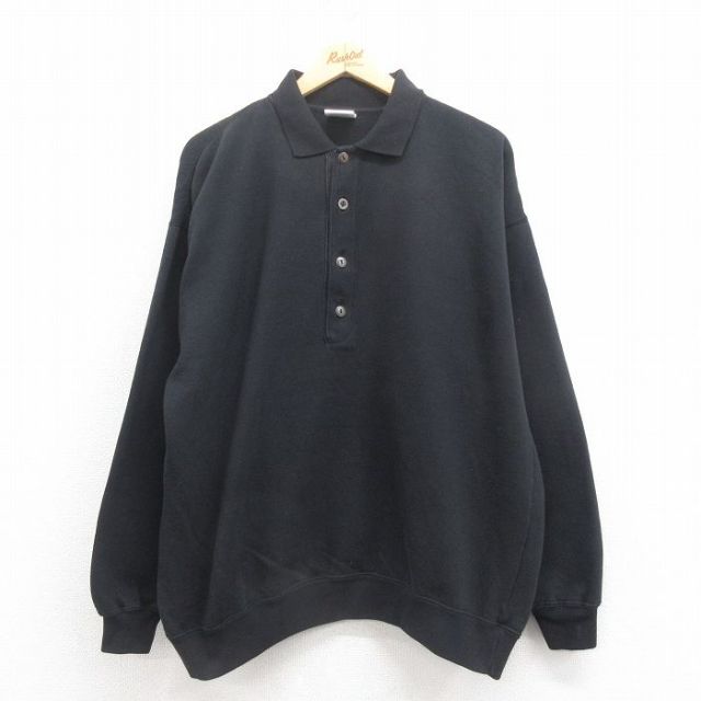 XL★古着 長袖 スウェット メンズ 00年代 00s 無地 大きいサイズ 襟付き 黒 ブラック 25aug04 中古 スエット トレーナー トップス