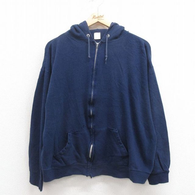 XL★古着 長袖 フルジップ スウェット パーカー メンズ 80年代 80s 無地 USA製 紺 ネイビー 25aug05 中古 スエット トレーナー トップス