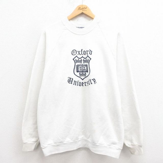 L★古着 長袖 スウェット メンズ 00年代 00s オックスフォード 刺繍 ラグラン クルーネック イギリス製 白 ホワイト 25aug08 中古 スエット トレーナー トップス