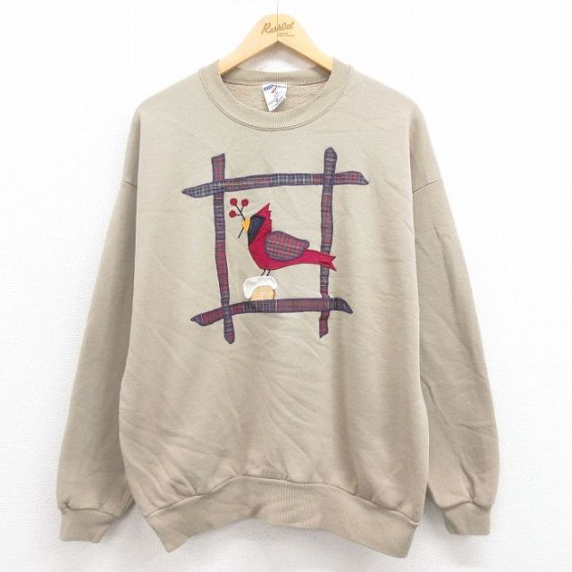 XL★古着 ジャージーズ 長袖 スウェット メンズ 90年代 90s 鳥 クルーネック USA製 ベージュ カーキ 25aug09 中古 スエット トレーナー トップス