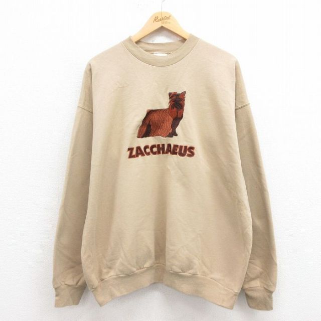 XL★古着 ヘインズ Hanes 長袖 スウェット メンズ 00年代 00s 犬 刺繍 大きいサイズ クルーネック ベージュ カーキ 25aug09 中古 スエット トレーナー トップス