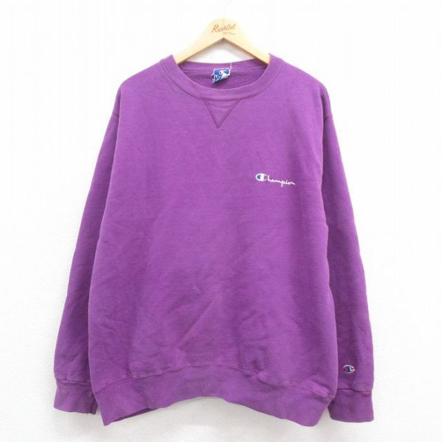 XL★古着 チャンピオン Champion 長袖 スウェット メンズ 90年代 90s ワンポイントロゴ クルーネック USA製 紫 パープル 25aug21 中古 スエット トレーナー トップス