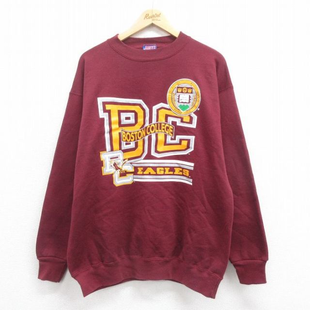 【20%OFF】L★古着 長袖 スウェット メンズ 90年代 90s ボストン カレッジ クルーネック USA製 エンジ 25aug21 中古 スエット トレーナー トップス