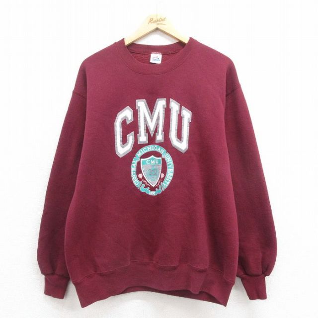 【20%OFF】L★古着 ジャージーズ 長袖 スウェット メンズ 90年代 90s ミシガン クルーネック USA製 エンジ 25aug22 中古 スエット トレーナー トップス