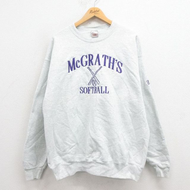 XL★古着 フルーツオブザルーム 長袖 スウェット メンズ 90年代 90s ソフトボール 刺繍 クルーネック USA製 グレー 霜降り 25aug23 中古 スエット トレーナー トップス