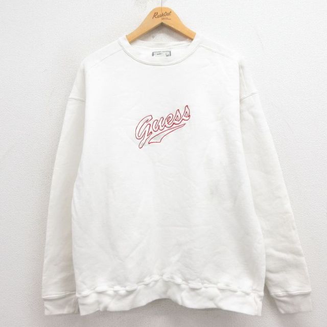 L★古着 ゲス GUESS 長袖 スウェット メンズ 90年代 90s ビッグロゴ 刺繍 クルーネック USA製 白 ホワイト 【spe】 25aug23 中古 スエット トレーナー トップス