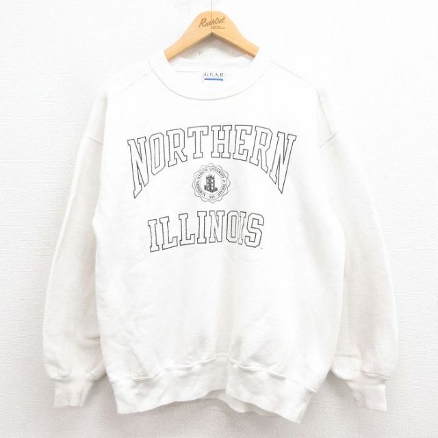 【50%OFF】L★古着 長袖 スウェット メンズ 90年代 90s イリノイ カレッジ クルーネック USA製 白 ホワイト 25aug23 中古 スエット トレーナー トップス