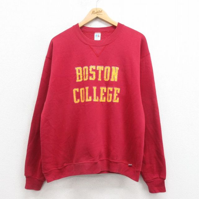 【20%OFF】L★古着 ラッセル 長袖 スウェット メンズ 80年代 80s ボストン カレッジ クルーネック USA製 エンジ 【spe】 25aug27 中古 スエット トレーナー トップス