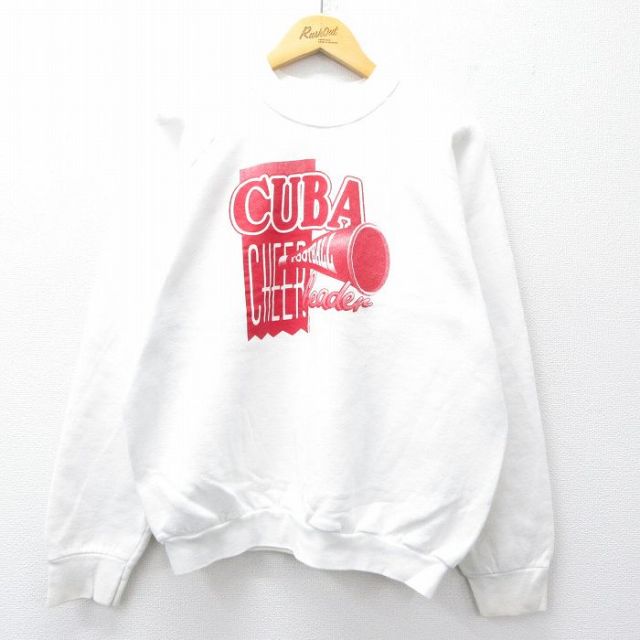 【20%OFF】L★古着 フルーツオブザルーム 長袖 スウェット メンズ 90年代 90s キューバ チアリーダー フットボール ラグラン クルーネック USA製 白 ホワイト 25sep01 中古 スエット トレーナー トップス