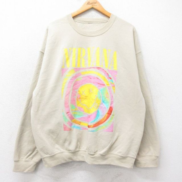 XL★古着 長袖 ロック バンド スウェット メンズ ニルバーナ ニルヴァーナ 大きいサイズ クルーネック ベージュ カーキ 25sep02 中古 スエット トレーナー トップス