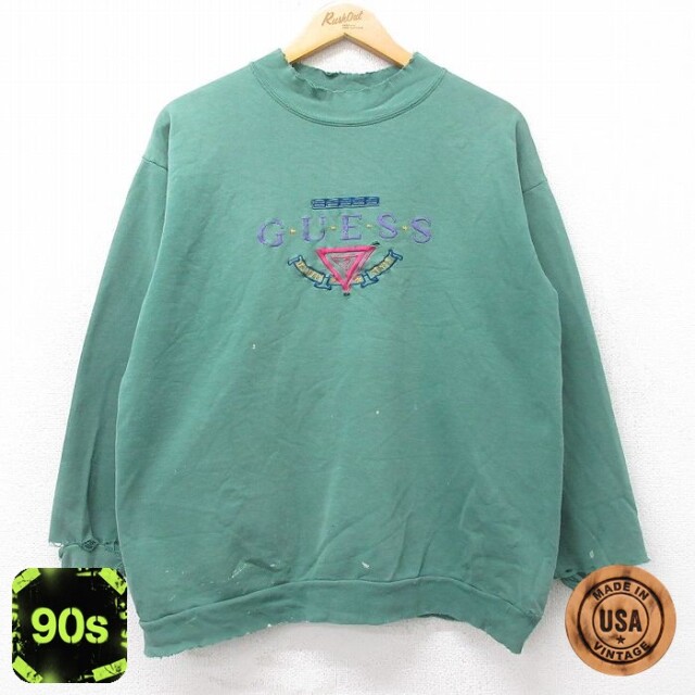 【50%OFF】ゲス 90s 長袖スウェット ビッグロゴ グリーン L | 古着