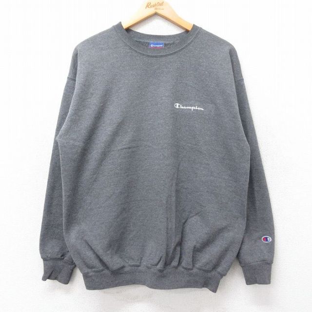 L★古着 チャンピオン champion 長袖 スウェット メンズ 00年代 00s ワンポイントロゴ クルーネック 濃グレー 霜降り 25sep03 中古 スエット トレーナー トップス