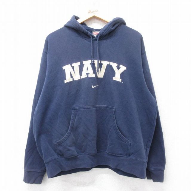 XL★古着 ナイキ NIKE 長袖 スウェット パーカー メンズ ビッグロゴ 刺繍 紺 ネイビー 25sep03 中古 スエット トレーナー トップス