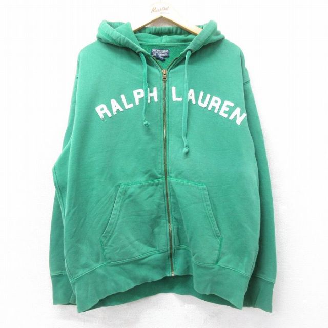 XL★古着 ラルフローレン Ralph Lauren ポロジーンズ 長袖 フルジップ スウェット パーカー メンズ ビッグロゴ 大きいサイズ 緑 グリーン 25sep03 中古 スエット トレーナー トップス