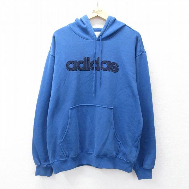 XL★古着 アディダス adidas 長袖 スウェット パーカー メンズ 00年代 00s ビッグロゴ 青 ブルー 25sep04 中古 スエット トレーナー トップス