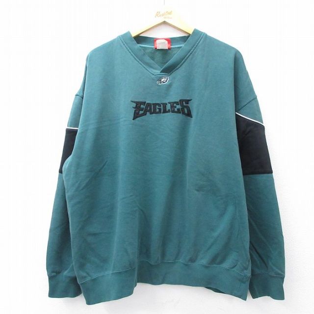 XL★古着 長袖 スウェット メンズ 00年代 00s NFL フィラデルフィアイーグルス 大きいサイズ Vネック 緑他 グリーン アメフト スーパーボウル 25sep04 中古 スエット トレーナー トップス