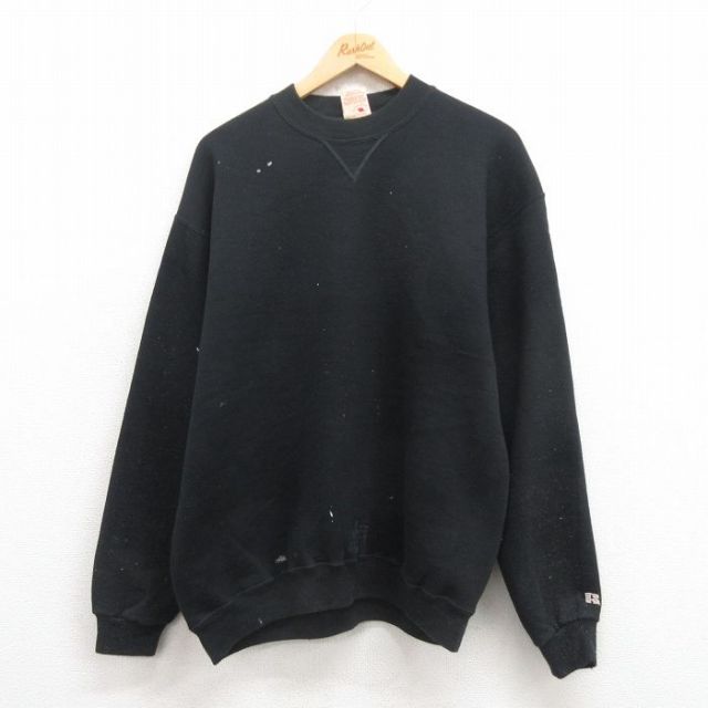 L★古着 ラッセル 長袖 スウェット メンズ 90年代 90s ワンポイントロゴ クルーネック USA製 黒 ブラック 【spe】 25sep04 中古 スエット トレーナー トップス