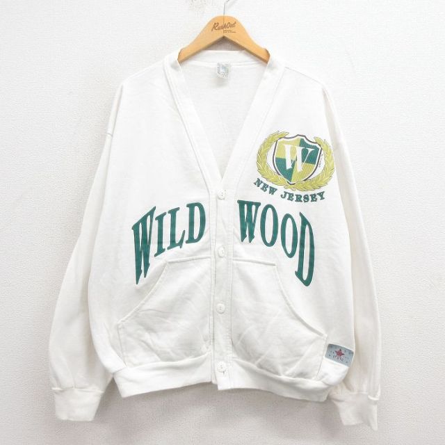 XL★古着 長袖 スウェット カーディガン メンズ 90年代 90s ニュージャージー 大きいサイズ コットン USA製 白 ホワイト 25sep04 中古 スエット トレーナー トップス