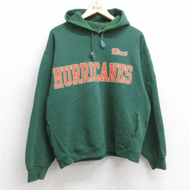 M★古着 長袖 スウェット パーカー メンズ 90年代 90s マイアミハリケーンズ USA製 緑 グリーン 25sep04 中古 スエット トレーナー トップス