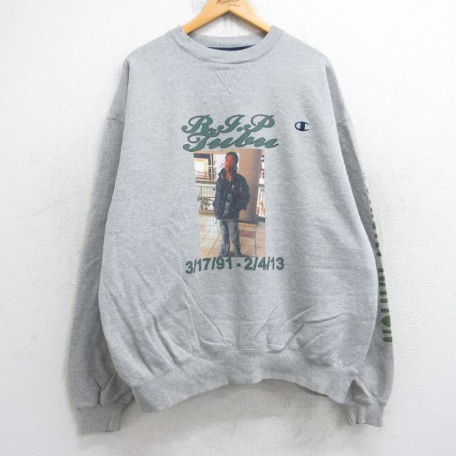 XL★古着 チャンピオン champion 長袖 スウェット メンズ 男性 ワンポイントロゴ 大きいサイズ クルーネック グレー 霜降り 25sep05 中古 スエット トレーナー トップス