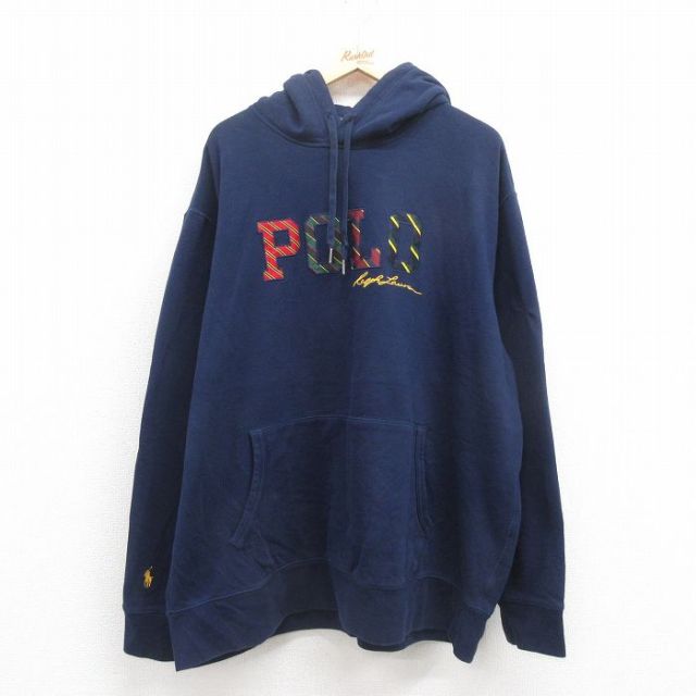 XL★古着 ラルフローレン Ralph Lauren 長袖 ブランド スウェット パーカー メンズ ビッグロゴ 刺繍 大きいサイズ 紺 ネイビー 25sep05 中古 スエット トレーナー トップス