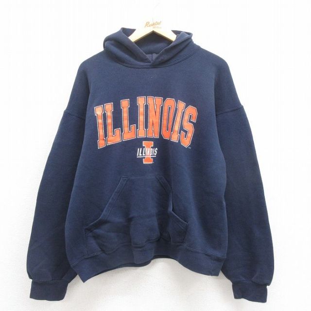 XL★古着 長袖 スウェット パーカー メンズ 90年代 90s イリノイ USA製 紺 ネイビー 25sep05 中古 スエット トレーナー トップス