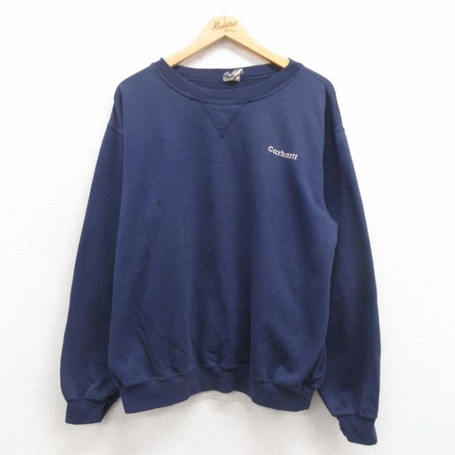 XL★古着 カーハート Carhartt 長袖 スウェット メンズ 00年代 00s ワンポイントロゴ クルーネック 紺 ネイビー 25sep05 中古 スエット トレーナー トップス