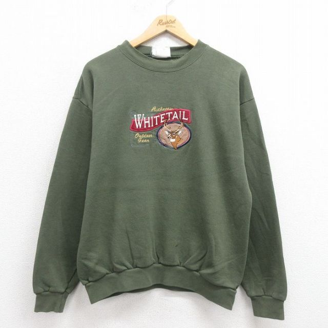 M★古着 長袖 スウェット メンズ 90年代 90s シカ 刺繍 USA製 緑 グリーン 25sep05 中古 スエット トレーナー トップス
