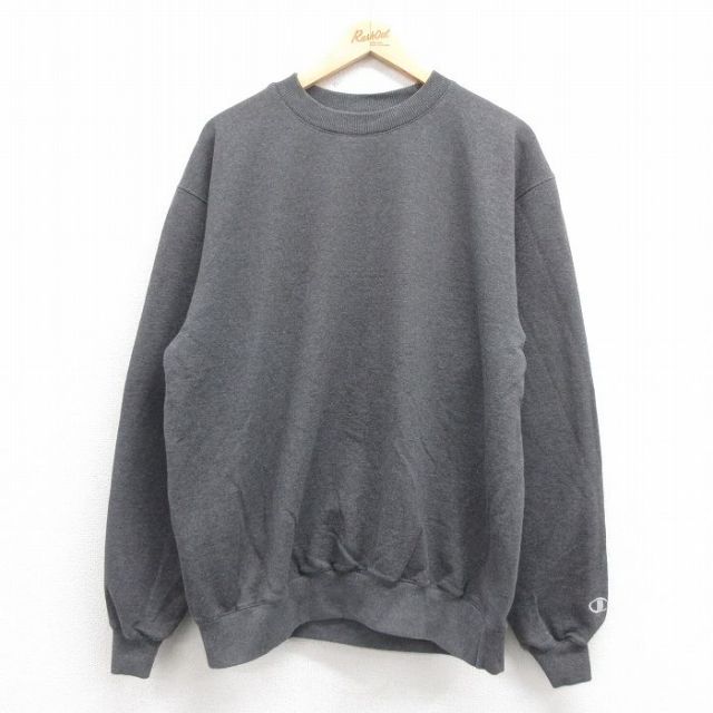 XL★古着 チャンピオン Champion 長袖 スウェット メンズ ワンポイントロゴ クルーネック 濃グレー 霜降り 25sep05 中古 スエット トレーナー トップス