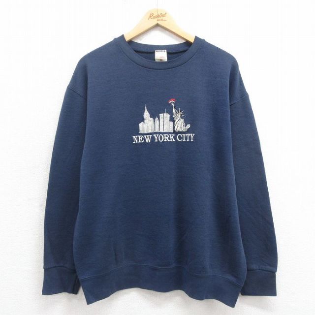L★古着 フルーツオブザルーム 長袖 スウェット メンズ 00年代 00s ニューヨーク 刺繍 クルーネック 紺 ネイビー 25sep05 中古 スエット トレーナー トップス