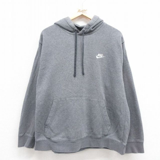 XL★古着 ナイキ NIKE 長袖 スウェット パーカー メンズ ワンポイントロゴ グレー 霜降り 25sep05 中古 スエット トレーナー トップス