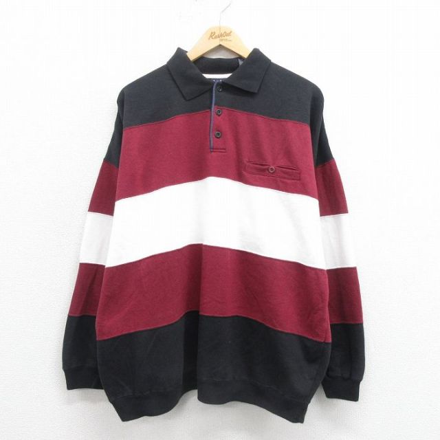 XL★古着 長袖 スウェット メンズ 90年代 90s 大きいサイズ 襟付き エンジ他 ボーダー 25sep06 中古 スエット トレーナー トップス