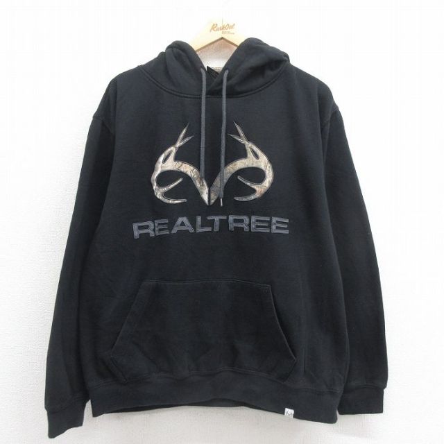 XL★古着 長袖 スウェット パーカー メンズ ビッグロゴ リアルツリー 黒 ブラック 25sep06 中古 スエット トレーナー トップス