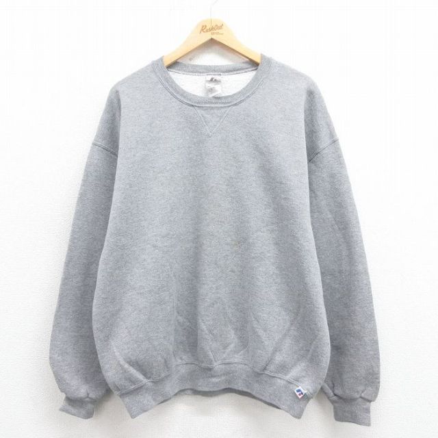 XL★古着 ラッセル 長袖 スウェット メンズ 無地 クルーネック グレー 霜降り 25sep06 中古 スエット トレーナー トップス
