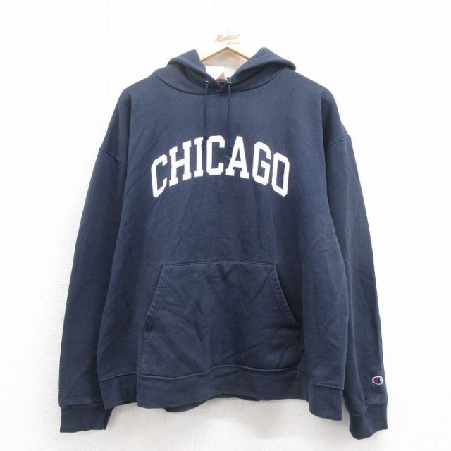 XL★古着 チャンピオン champion 長袖 スウェット パーカー メンズ 00年代 00s シカゴ 紺 ネイビー 25sep06 中古 スエット トレーナー トップス