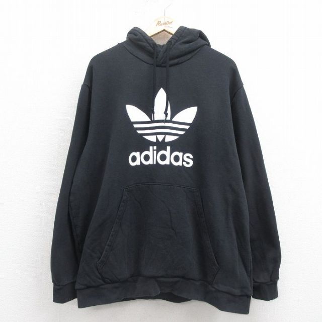 XL★古着 アディダス adidas 長袖 スウェット パーカー メンズ ビッグロゴ リーフ トレフォイル 黒 ブラック 25sep06 中古 スエット トレーナー トップス