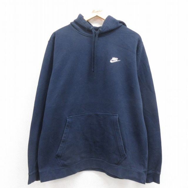 XL★古着 ナイキ NIKE 長袖 スウェット パーカー メンズ ワンポイントロゴ 紺 ネイビー 25sep06 中古 スエット トレーナー トップス