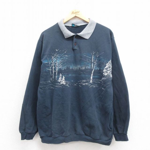 XL★古着 長袖 スウェット メンズ 90年代 90s 木 襟付き USA製 紺 ネイビー 25sep06 中古 スエット トレーナー トップス