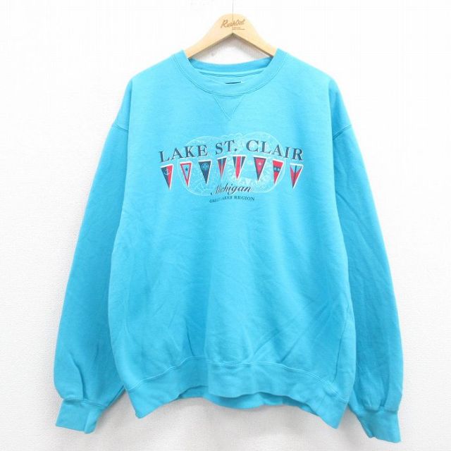 XL★古着 長袖 スウェット メンズ ミシガン 大きいサイズ クルーネック 水色 25sep06 中古 スエット トレーナー トップス