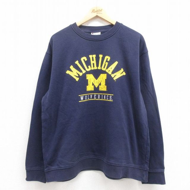 XL★古着 チャンピオン champion 長袖 スウェット メンズ ミシガン クルーネック 紺 ネイビー 25sep06 中古 スエット トレーナー トップス
