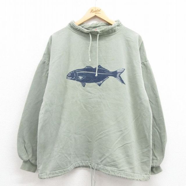 XL★古着 WEK 長袖 トップス メンズ 90年代 90s 魚 モックネック ハイネック 緑 グリーン 25sep06 中古 スエット トレーナー