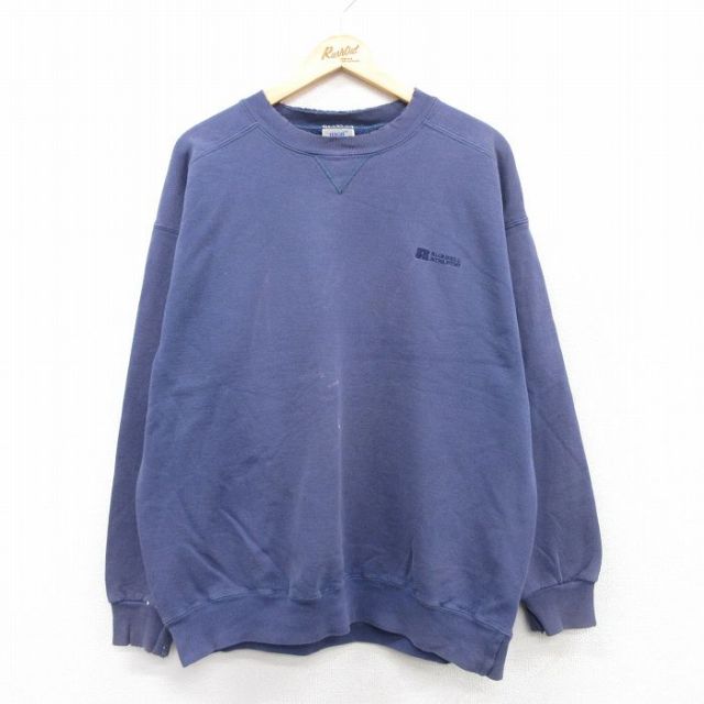 XL★古着 ラッセル 長袖 スウェット メンズ 90年代 90s ワンポイントロゴ クルーネック USA製 紺 ネイビー 【spe】 25sep06 中古 スエット トレーナー トップス